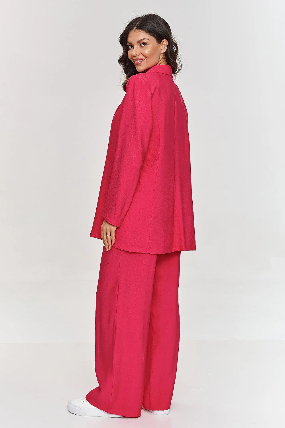 Ensemble Makadamia pour femme style moderne élégant coupe fluide fuchsia matelassé sans doublure veste ceinture pantalon jambes larges