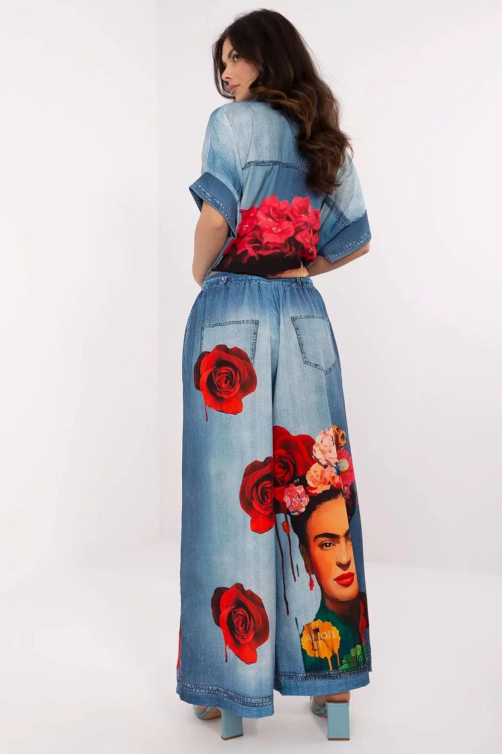 pantalon femme élégant imprimé coloré taille haute palazzo jambes larges fluide viscose polyester multicolore floral portraits bohème estival