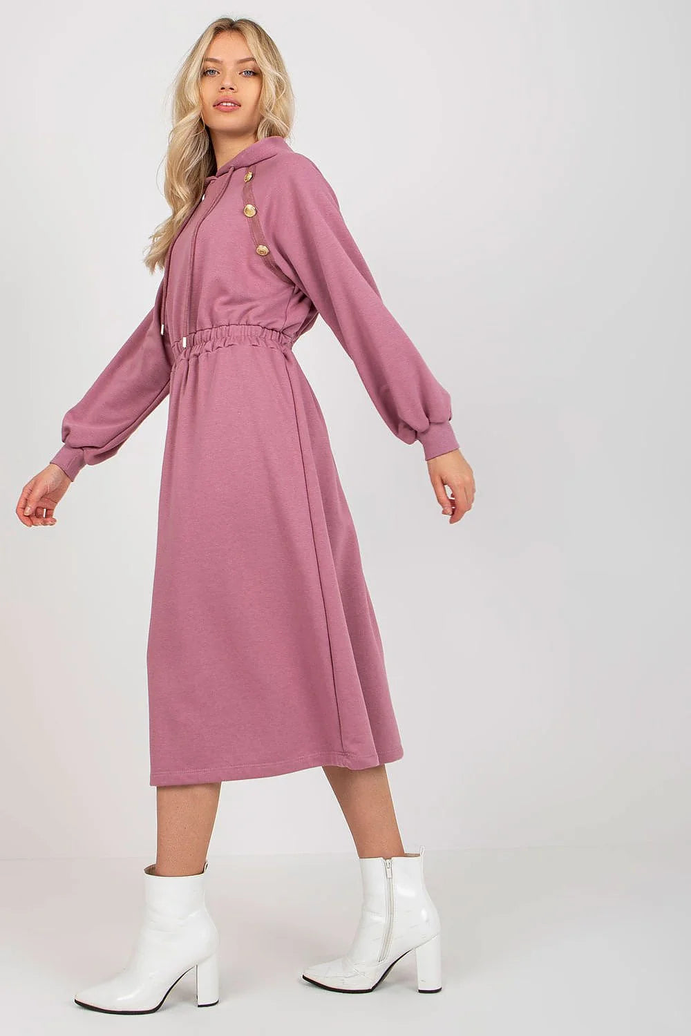 Robe de jour Relevance en coton et elasthanne, manches longues, capuche, boutons decoratifs, couleur verte, style casual, pour femme