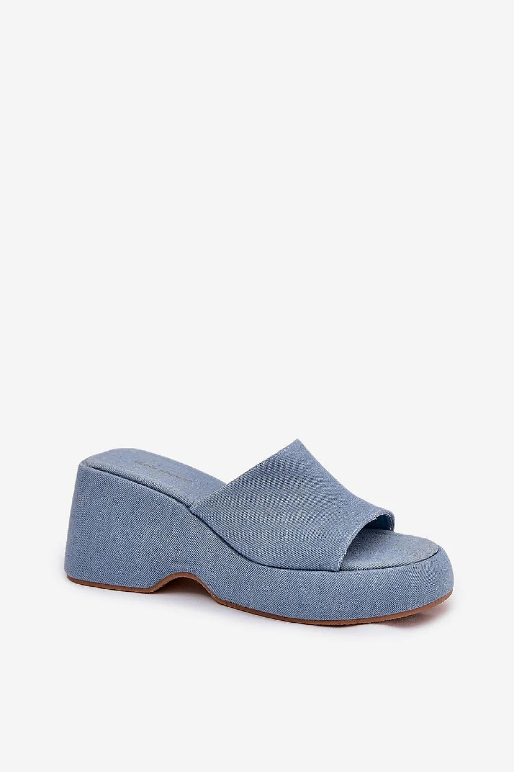 mules femme modernes confortables wedge denim bleu clair suédé cuir plateforme compensée talon bloc large empeigne ouverte semelle marron slipon