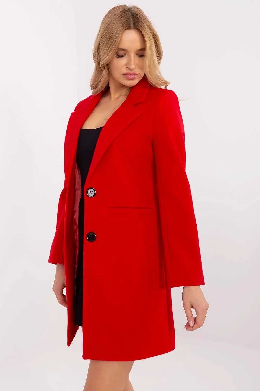 Manteau Och Bella pour femme élégant coupe classique droite manches longues boutons noirs couleur rouge vif matière polyester haut de gamme