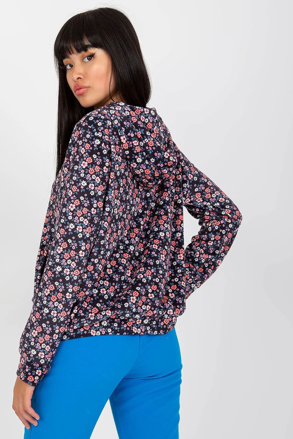 blouson floral femme zippé casual polyester bleu marine motifs floraux roses rouges blancs coupe droite hanches manches longues ajustées