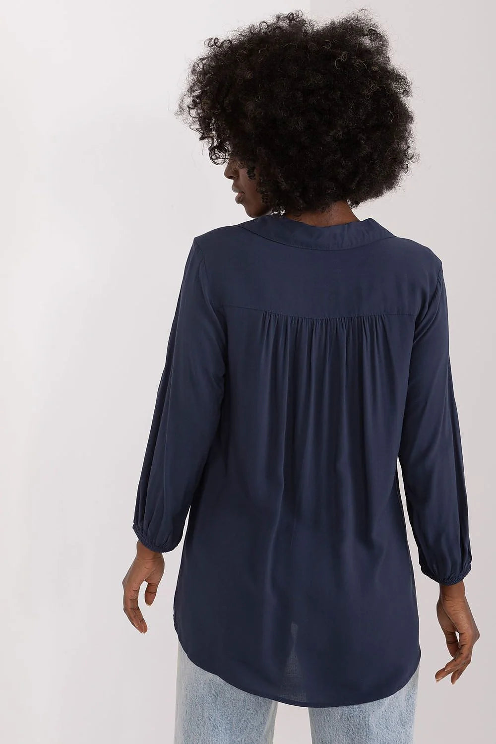 chemisier femme Sublevel viscose fluide léger bleu marine coupe ample oversize col V manches trois quarts bouffantes poignets élastiques