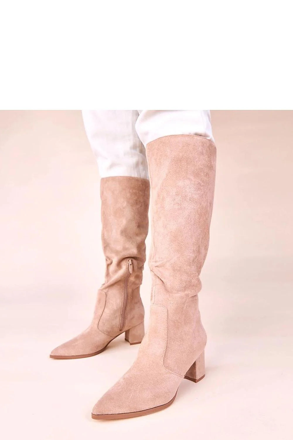 bottes hautes femme beige suédine talon bloc 6cm tige 38cm bout pointu froncée fermeture éclair intérieure confortable écoresponsable Gemre Shane