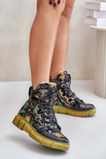 Bottes femmes style urbain artistique design haute cheville cuir naturel motif éclaboussures vert jaune