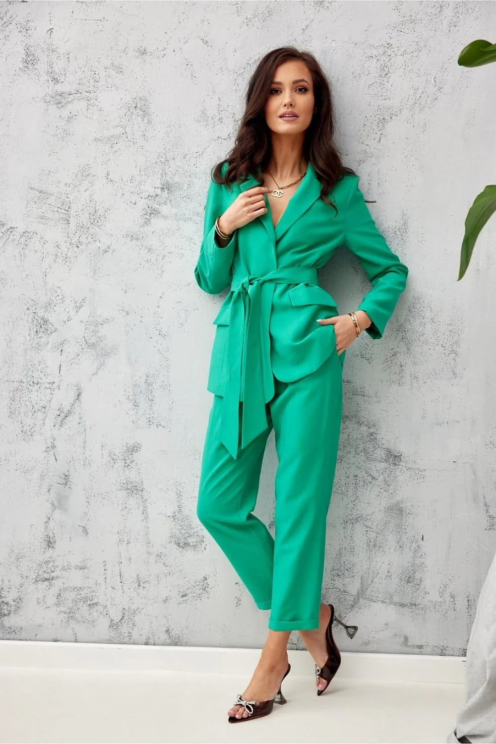 Pantalon femme Roco Fashion vert vif style tailleur coupe droite taille haute polyester élasthanne occasion semi-forme