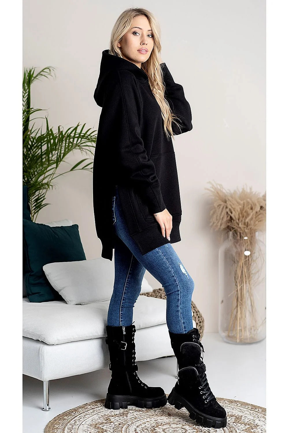 sweatshirt Hajdan oversize femme noir capuche longline molleton épais coton élasthanne poche kangourou manches raglan poignets côtelés fentes latérales