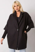 Manteau polyester noir oversize col droit manches longues poches latérales bouton métallique femme ample