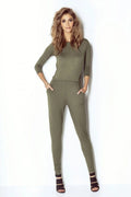 combinaison femme jersey extensible vert olive col rond manches troisquarts taille marquée pantalon ample évasé poches latérales viscose élasthanne confortable
