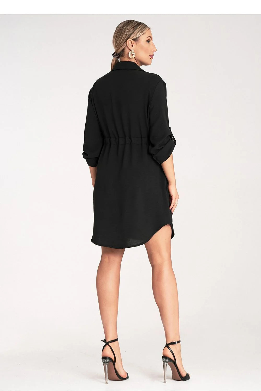 Robe de jour Figl style décontracté sophistiqué robe chemise manches longues ajustables taille ajustable tissu noir femme