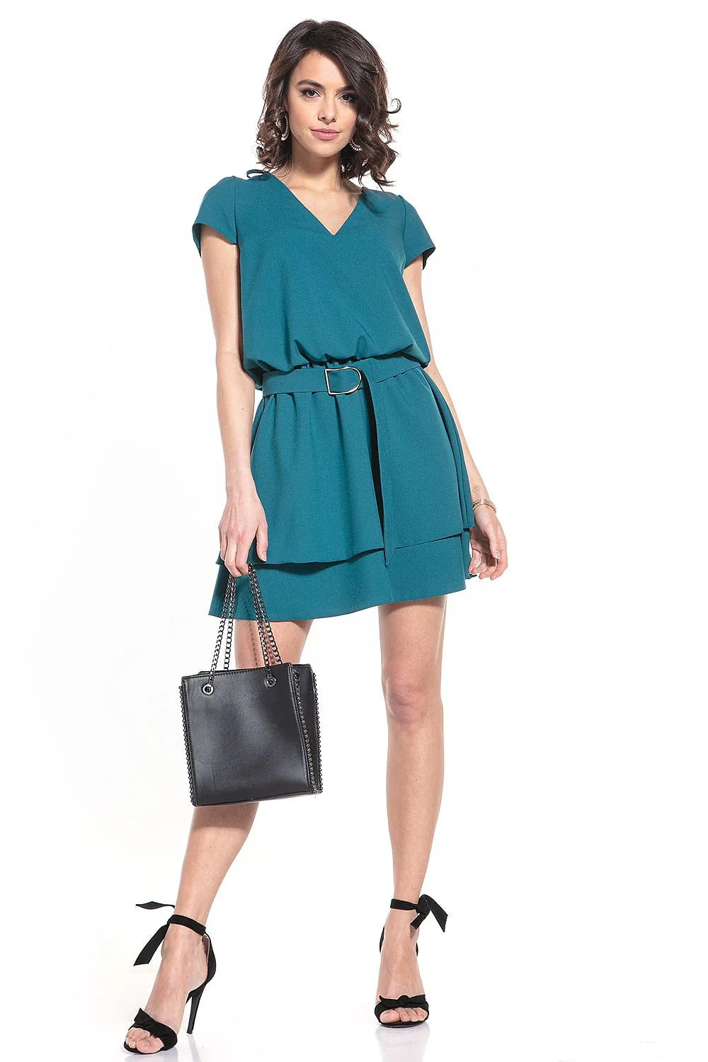 Robe élégante polyester élasthanne manches courtes encolure V ceinture métallique bleu clair moderne