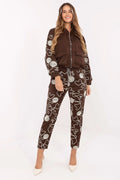 ensemble survêtement femme sweat capuche zippé bomber pantalon slim taille haute molleton marron chocolat imprimé graphique poches rabat cordon serrage
