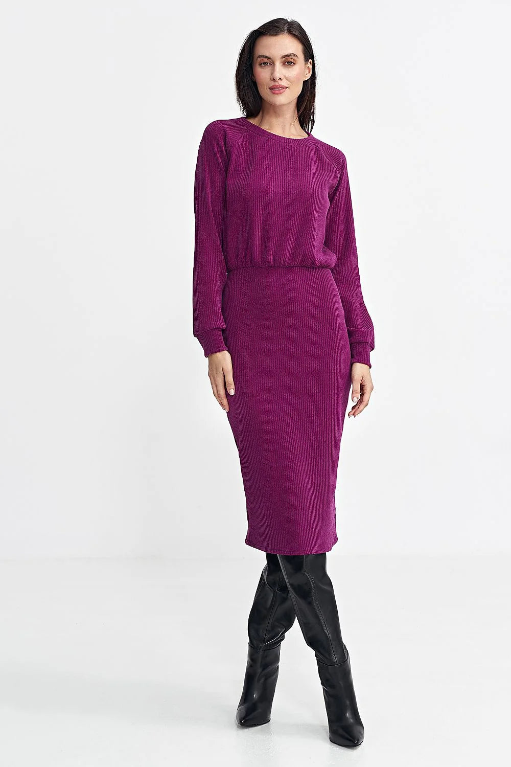 Robe de jour chic moderne pour femme, style élégant, manches longues, col rond, taille élastique, longueur midi, maille douce, couleur prune, occasion semi-formelle, robe polyvalente