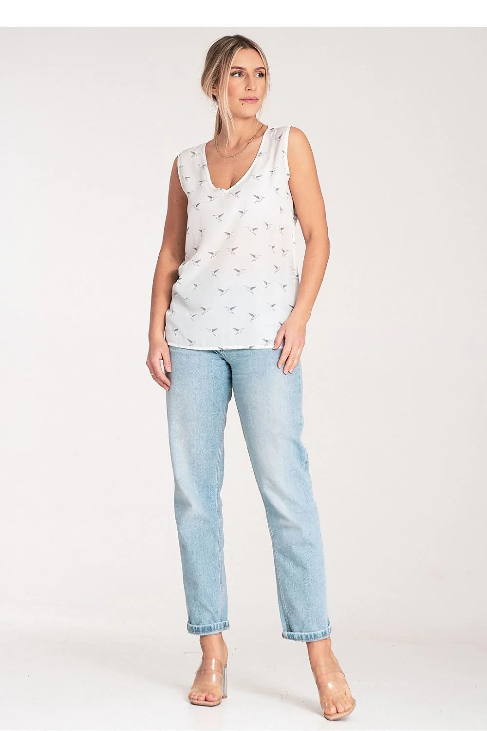 Chemisier Femme Élégant Sans Manches Polyester 100% Motifs Oiseaux Blanc Gris V-Neck Tailles S-M-L-XL