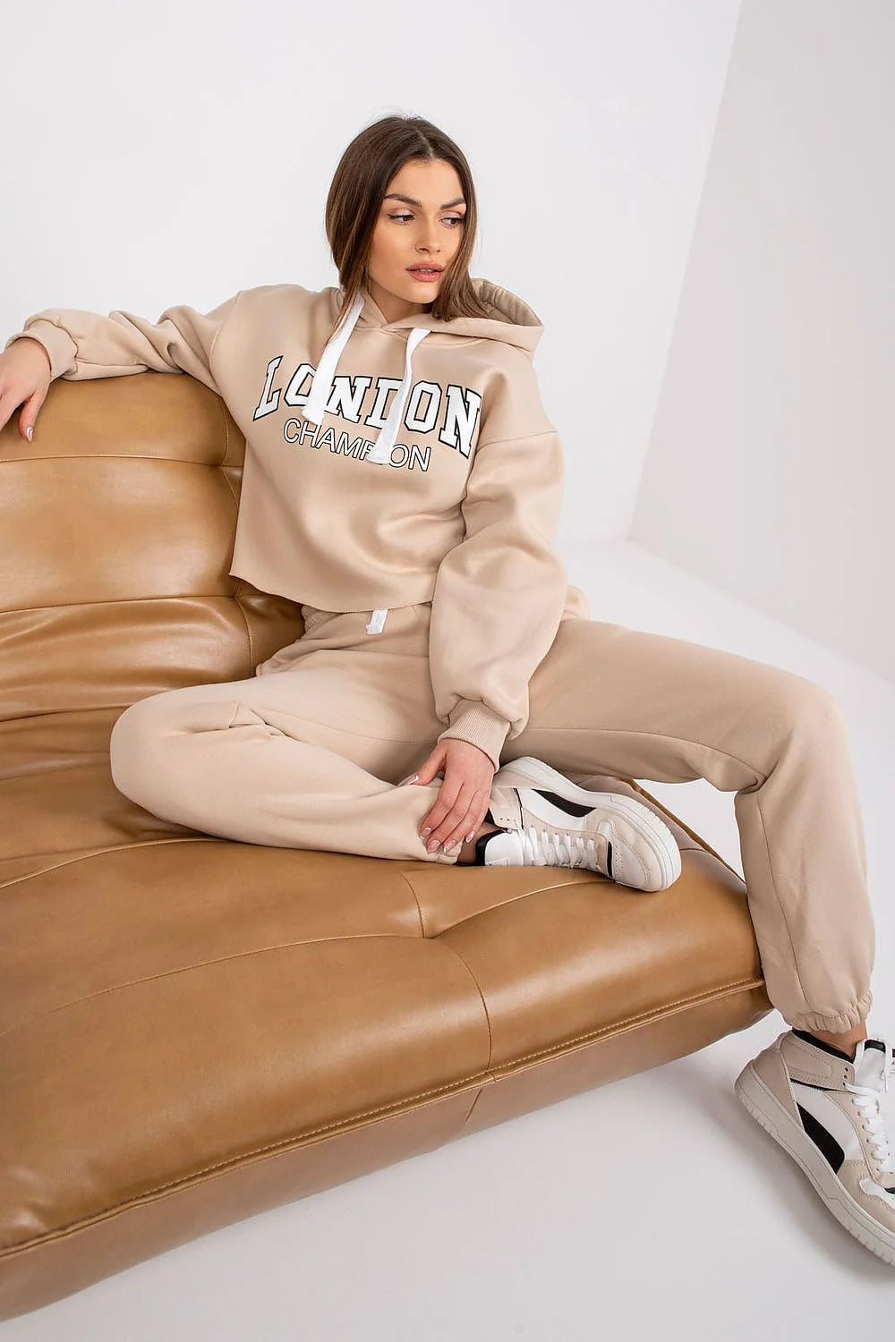 Ensemble Ex Moda femme hoodie sweat à capuche Londres champion joggers coton beige décontracté moderne urbain