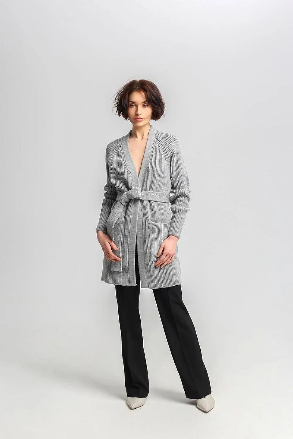 Cardigan pour femme long ouvert ceinture à nouer manches longues tissu côtelé acrylique et laine gris doux S/M L/XL