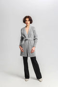 Cardigan pour femme long ouvert ceinture à nouer manches longues tissu côtelé acrylique et laine gris doux S/M L/XL