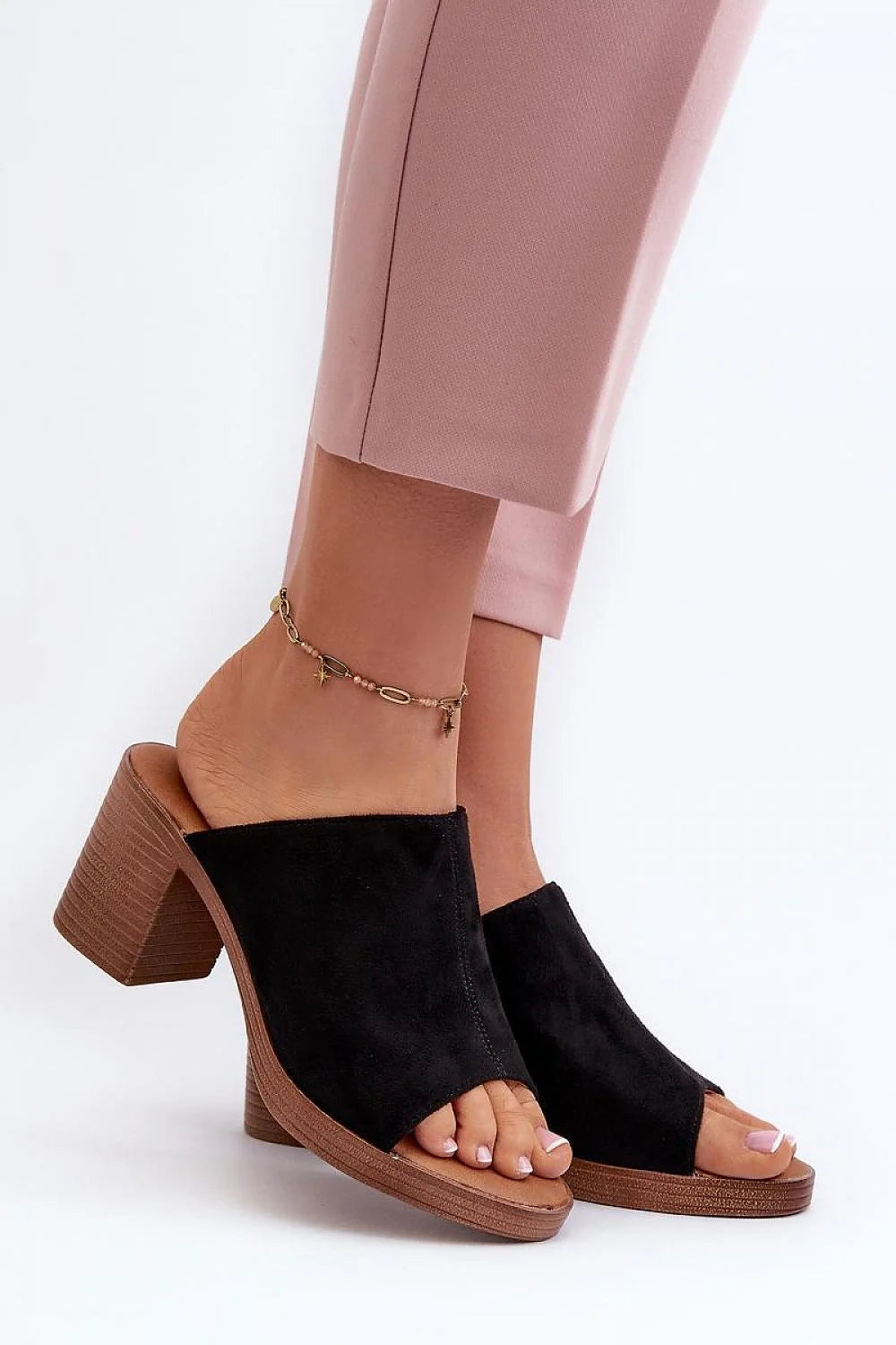 Mules à talon carré ouvert style moderne élégant pour femmes cuir suédé noir semelle bois couleur intemporelle confortable été printemps taille 36 37