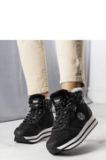 Bottes montantes sportives pour femmes style urbain cuir synthétique fourrure noire semelle blanche fermeture lacets