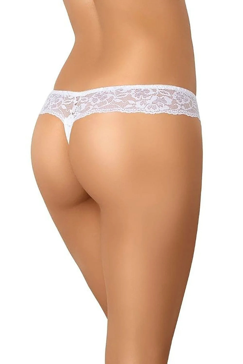 Strings Teyli en dentelle et maille, coton doublé, ceinture élastique, style triangle et bande fine, blanc pur pour femme