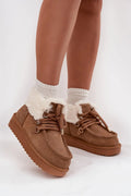 bottines femme hiver suède cognac doublure fourrure crème col retourné lacets cordon oeillets métal plateforme crantée caoutchouc antidérapante chaude confortable
