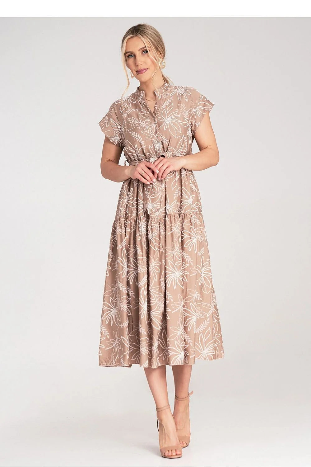 Robe de jour élégante midi manches courtes col rond en nylon et viscose avec ceinture ajustable pour femme