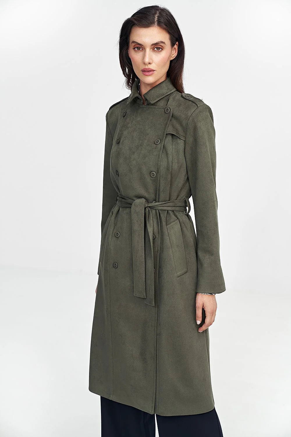 Manteau classique pour femme en vert olive coupe ajustée ceinture incluse boutons ton sur ton laine doublure confortable occasionnels formelles et décontractées