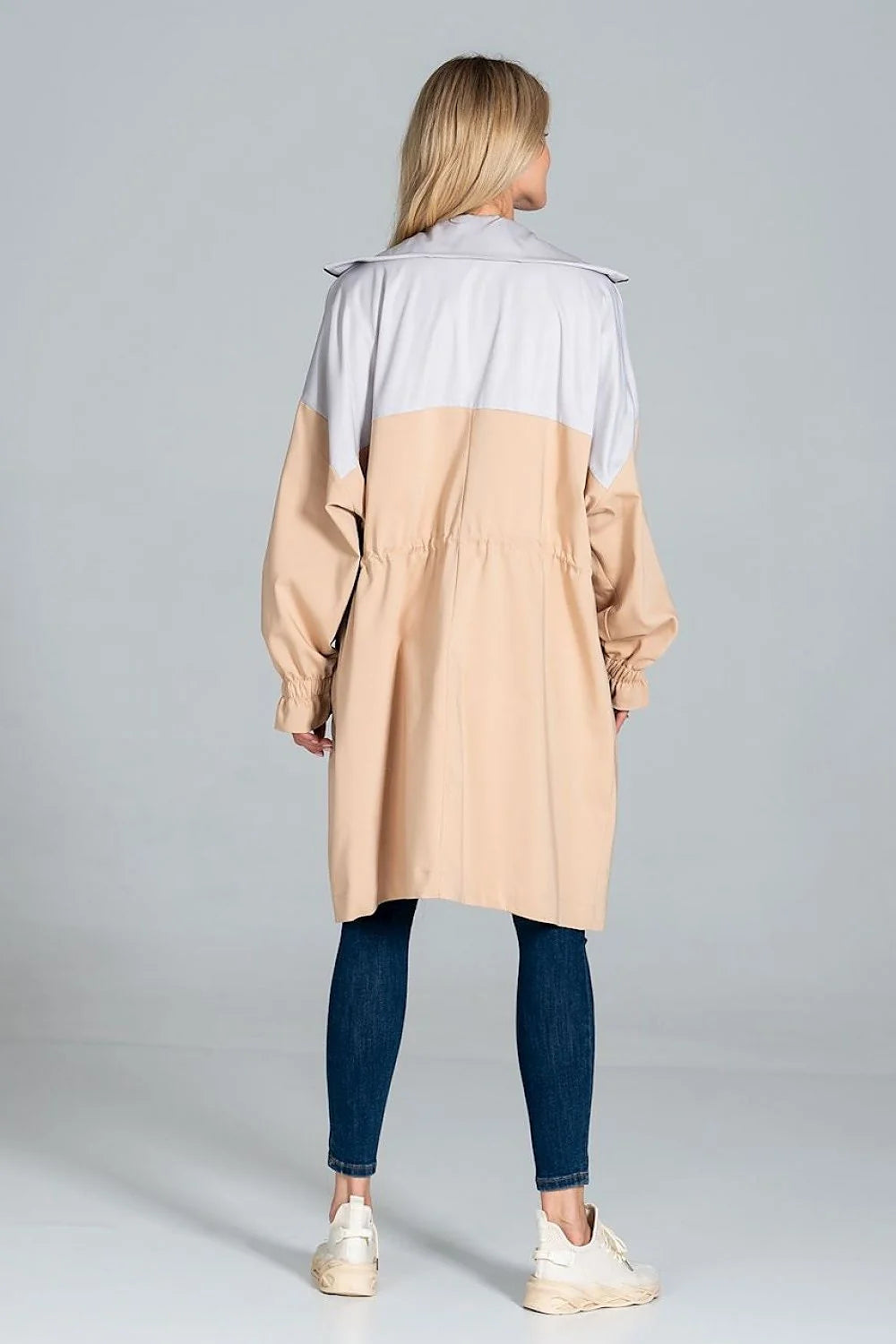Manteau femme polyester bicolore gris clair beige long élégant urbain capuche mi-saison mode automne