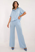Ensemble Lakerta féminin élégant chemise manches courtes pantalon taille élastique tissu bleu clair mélange coton élasthanne viscose