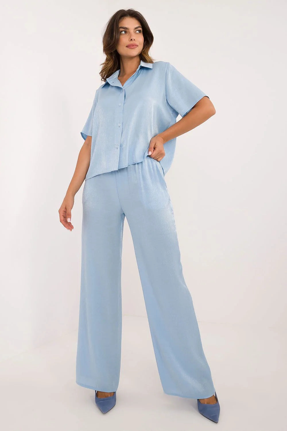 Ensemble Lakerta féminin élégant chemise manches courtes pantalon taille élastique tissu bleu clair mélange coton élasthanne viscose