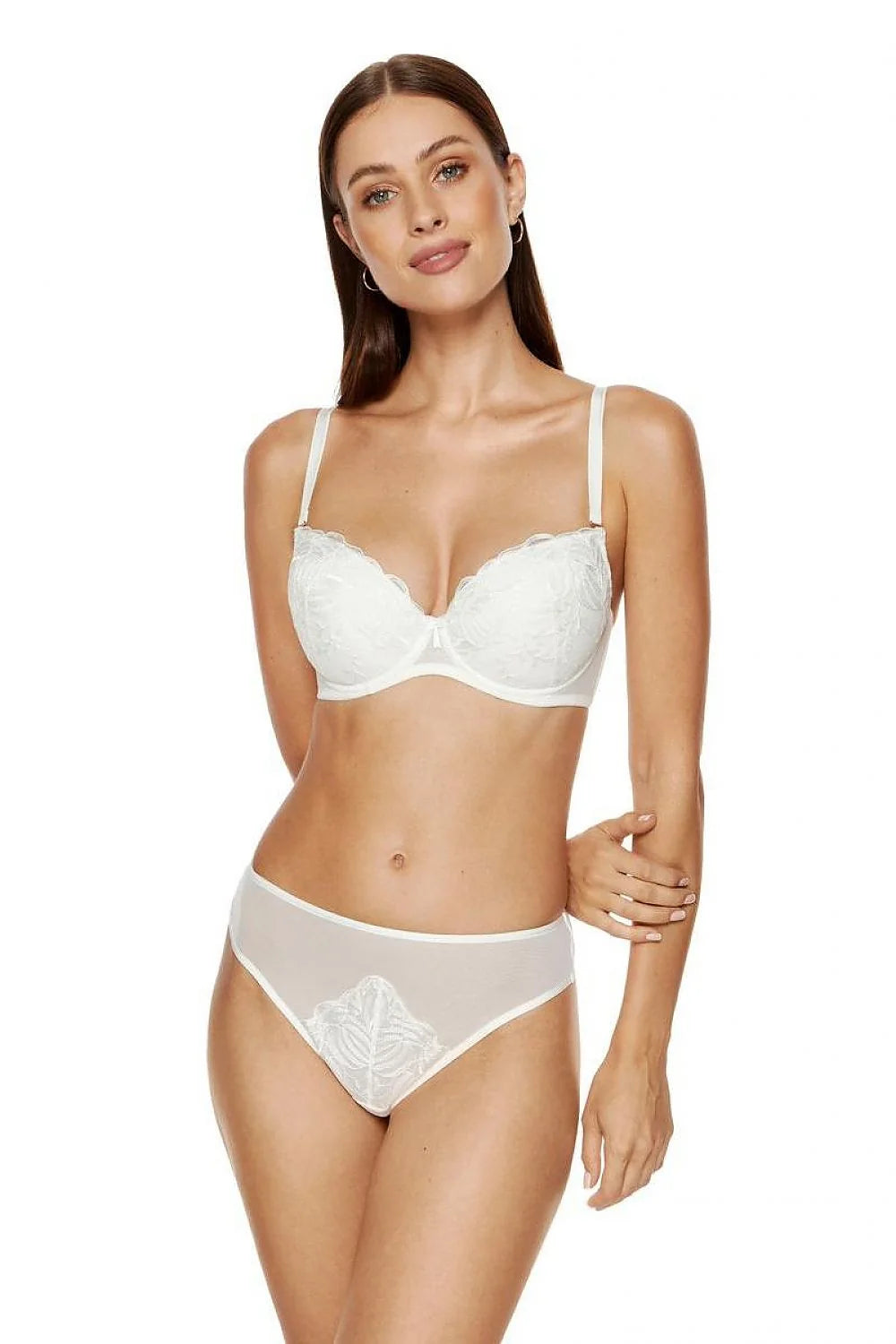Ensemble de lingerie féminine dentelle motifs floraux blanc soutien-gorge armatures balconnet culotte taille moyenne