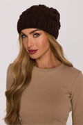 bonnet femme chocolat marron grosse maille tressée torsadée bord replié côtelé slouchy chaud douillet acrylique nylon