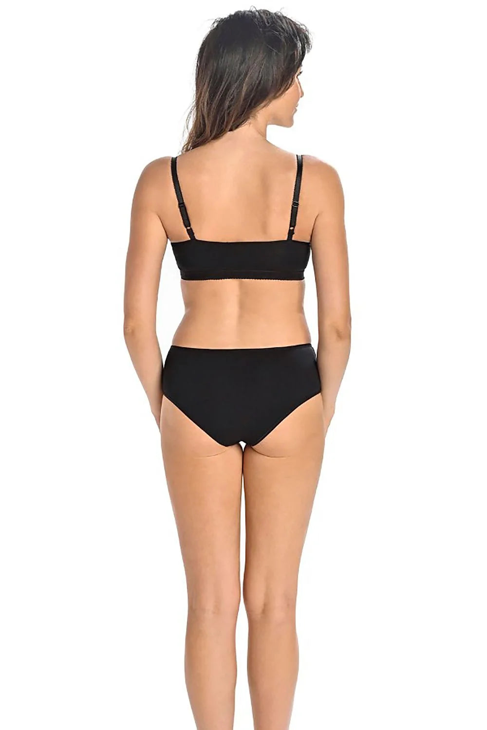 brassière noir microfibre douce coton lycra respirante bonnets emboîtants coutures verticales bretelles fines réglables bande élastique souspoitrine finition festonnée coupe
