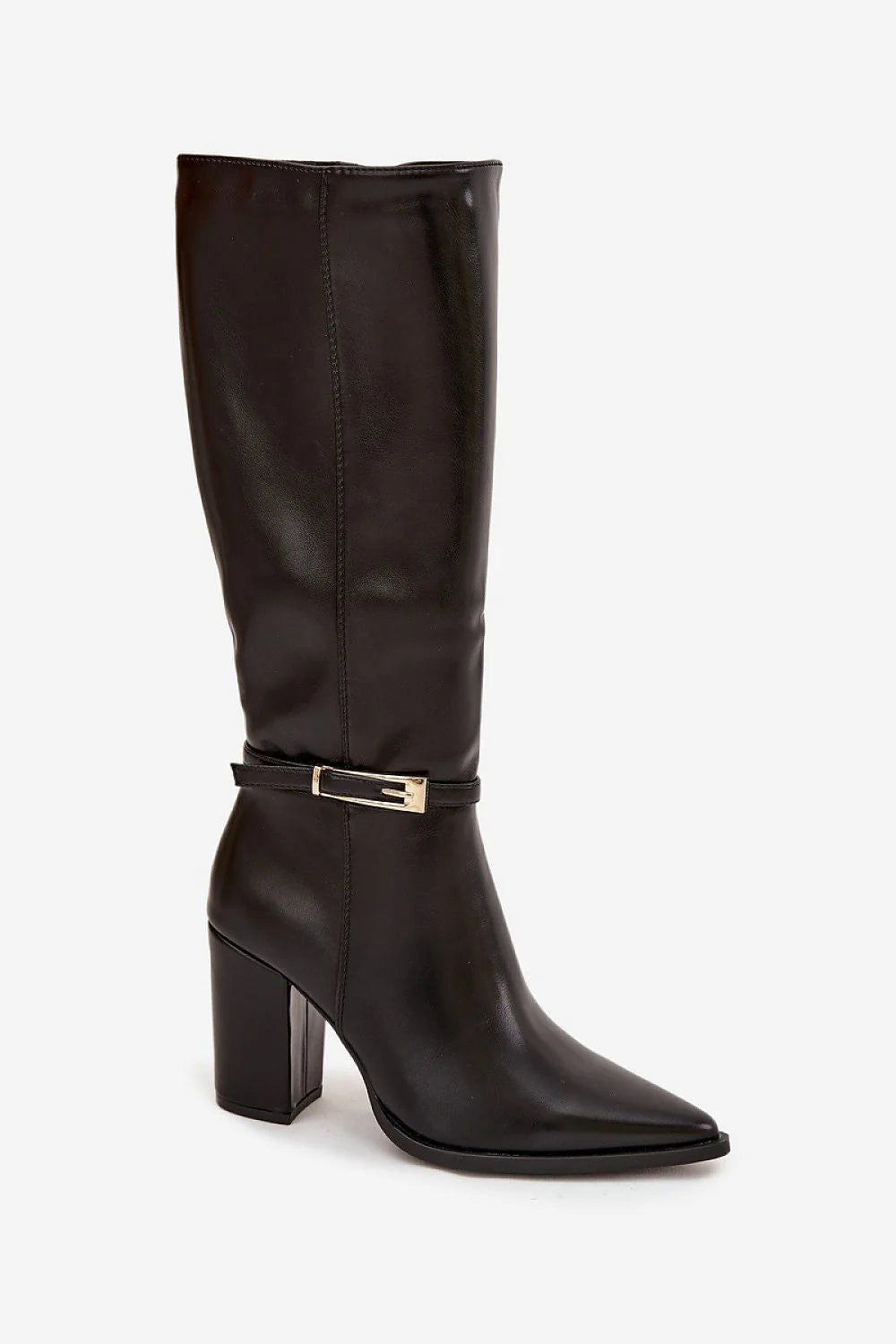 bottes femme hautes cuir synthétique noir lisse tige genou bout pointu talon pilier stable boucle dorée sangle fine doublure mousse