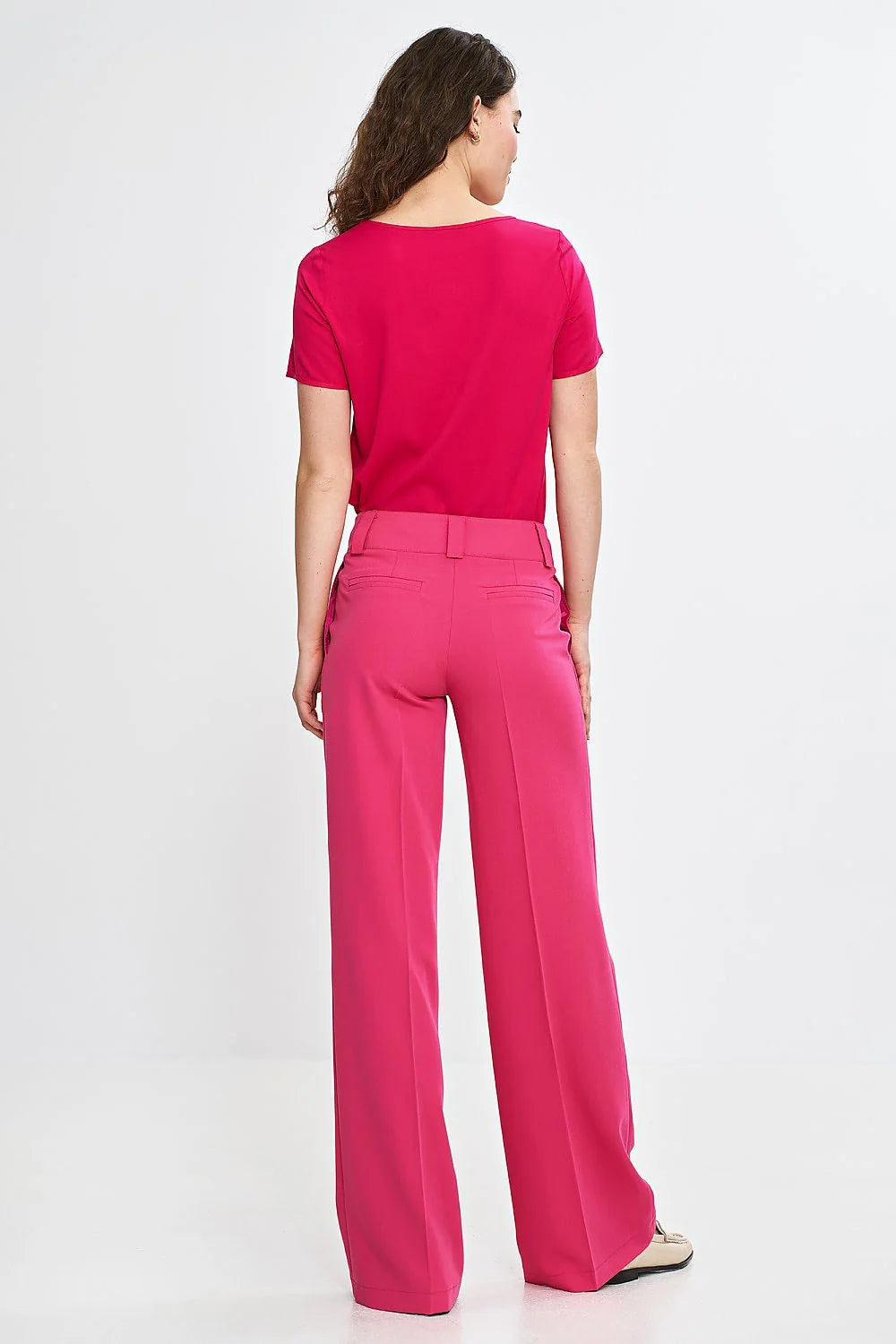 Pantalon long Nife ample style palazzo rose vif taille haute ceinture large boutons décoratifs femme élégance moderne