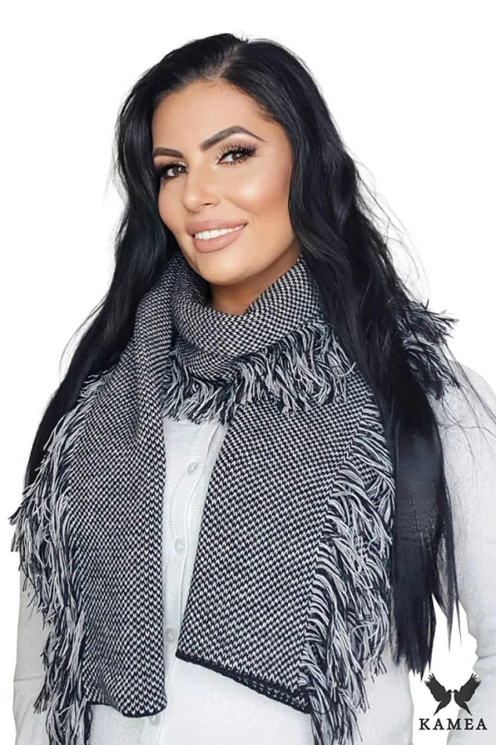 Châle Kamea en tricot motif à chevrons franges longues pour femmes mode automne hiver noir blanc