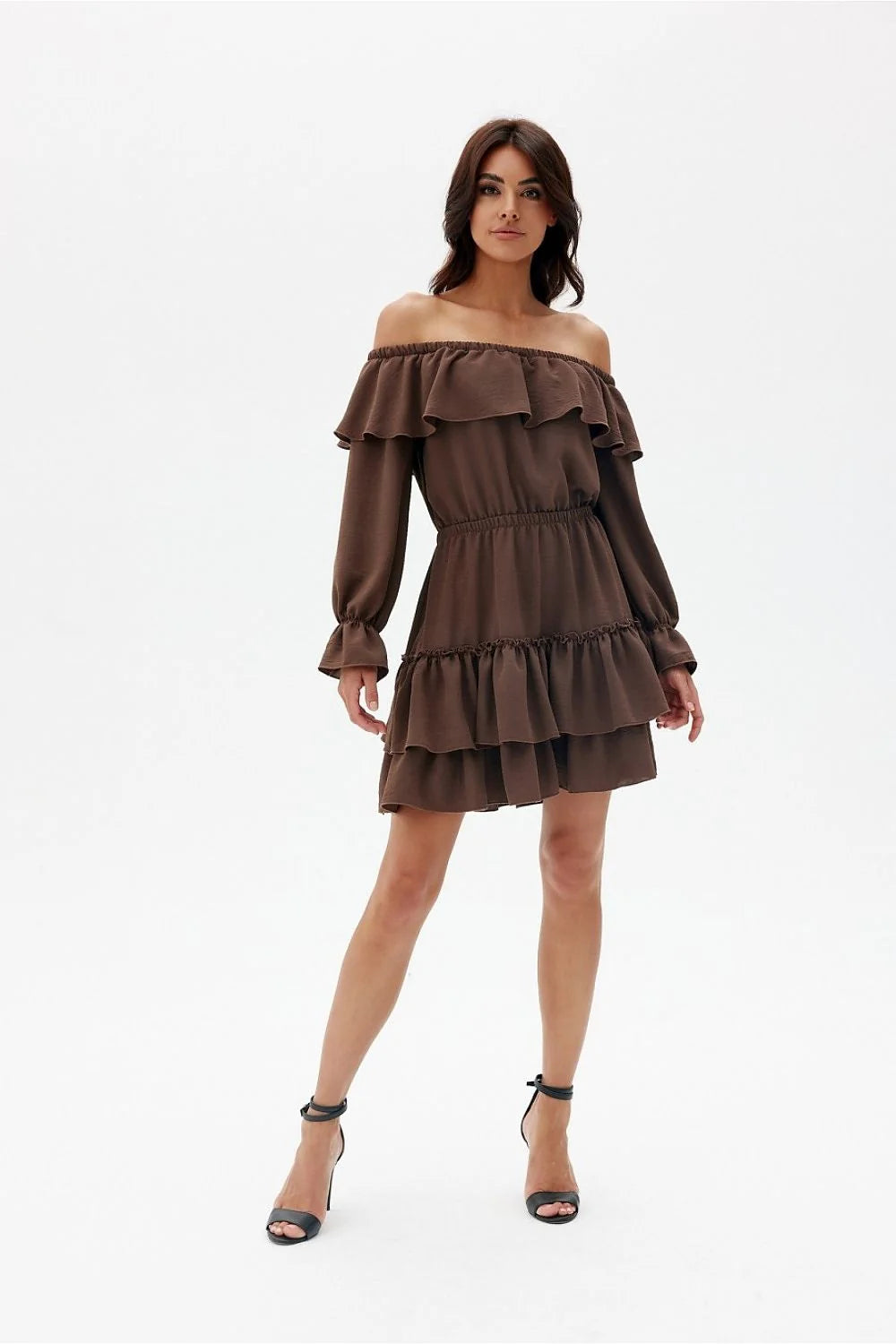 Robe bohème chic brun terre col bardot tissu polyester élastique taille ajustable femme occasionnels été soirées
