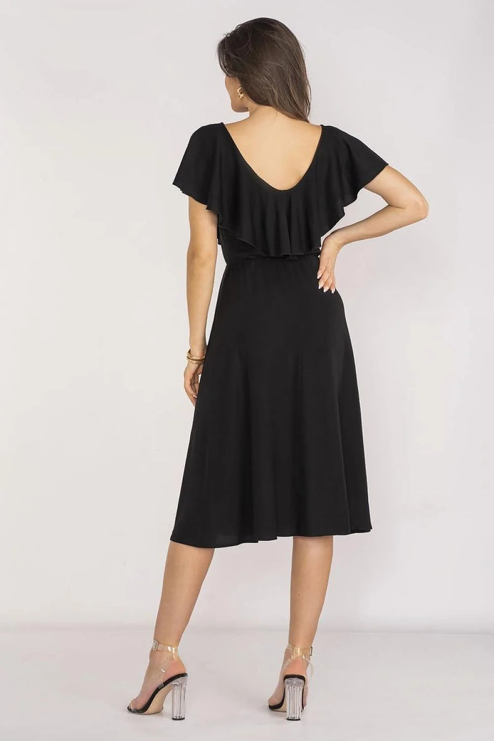 Robe midi élégante en viscose noire manches courtes col en cœur volant taille élastique pour femme occasionnels été soirée romantique