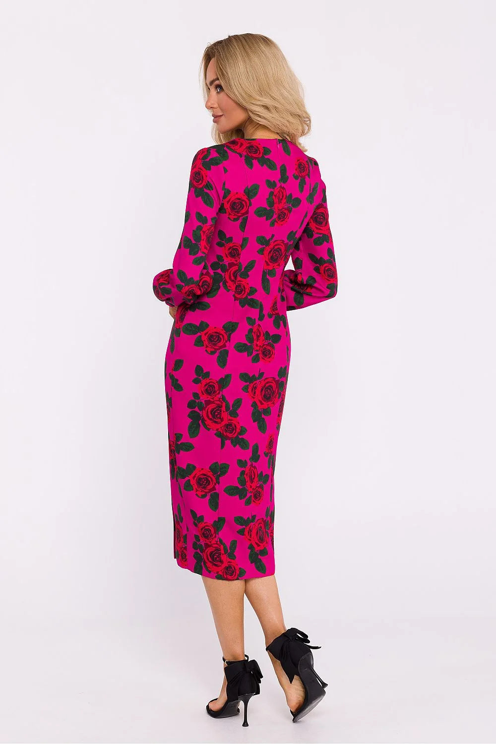 Robe élégante imprimé floral manches longues bouffantes fente latérale fermeture discrète femme taille ajustable