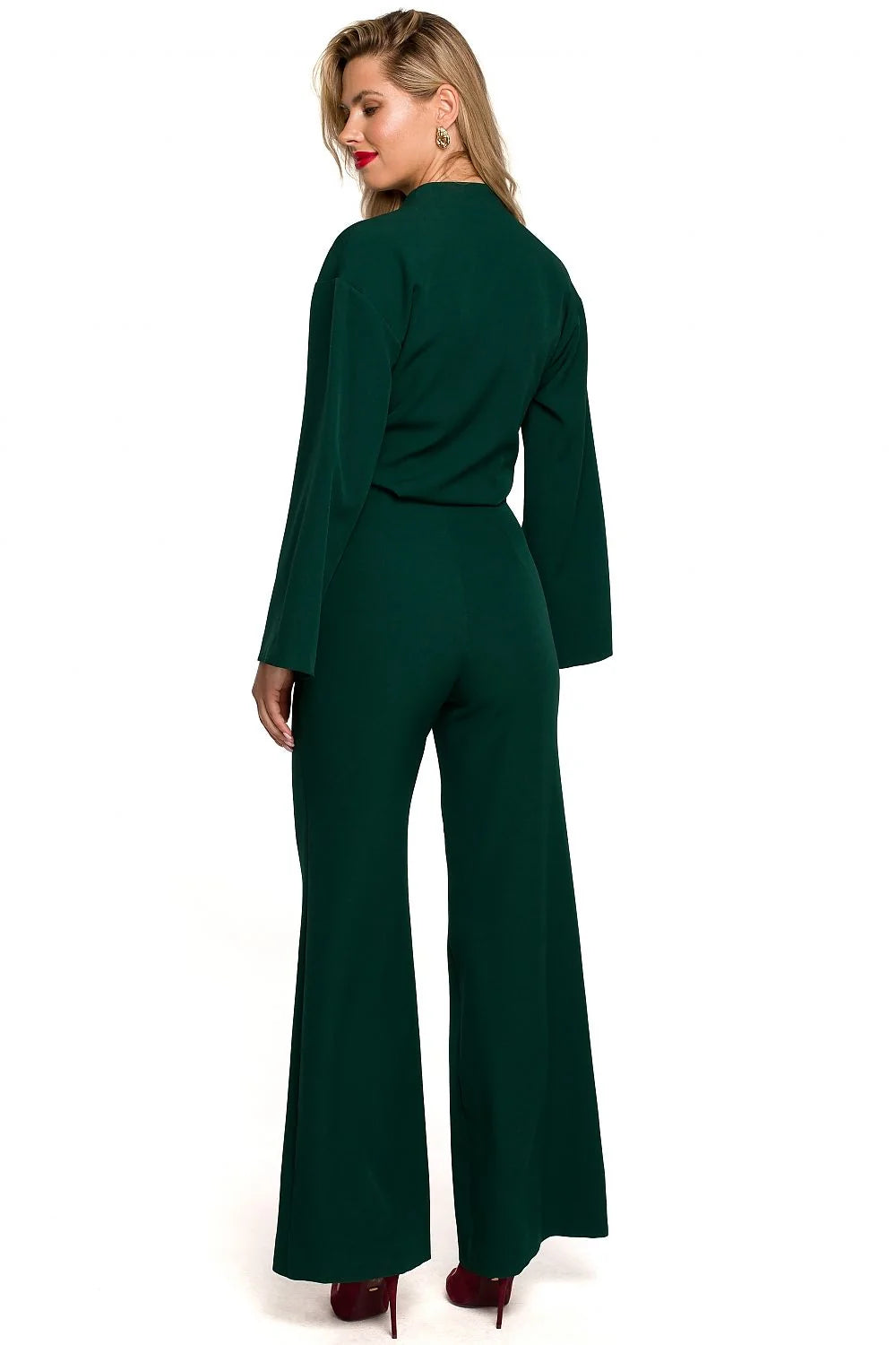 Combinaison Makover féminine élégante en polyester et élasthanne manches longues évasées encolure V croisée taille ajustable occasion spéciale