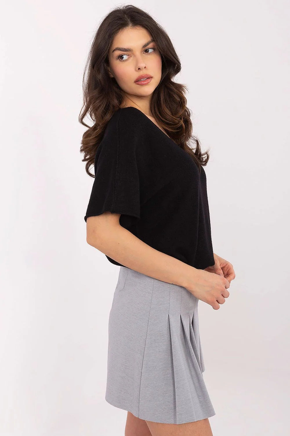 Haut et jupe femme ensemble mode two-pieces pull manches courtes jupe plissée noir gris stretch jersey tricot occasionnels