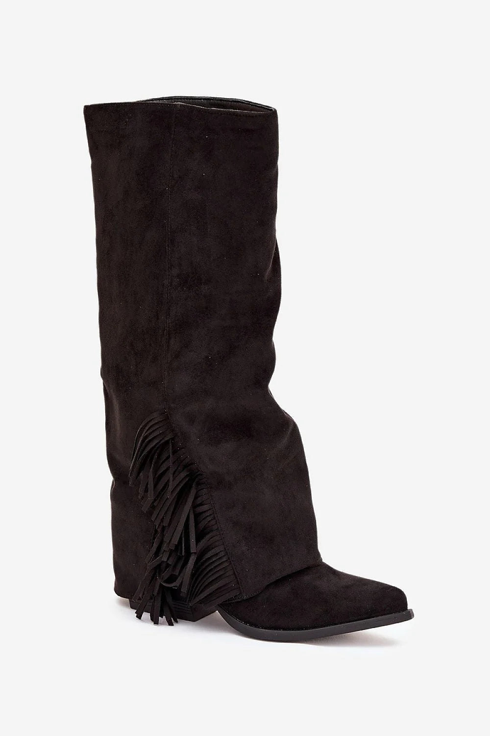 bottes cowboy western suédine écologique noir talon bloc bas bout pointu franges latérales tige souple froncée bohème chic