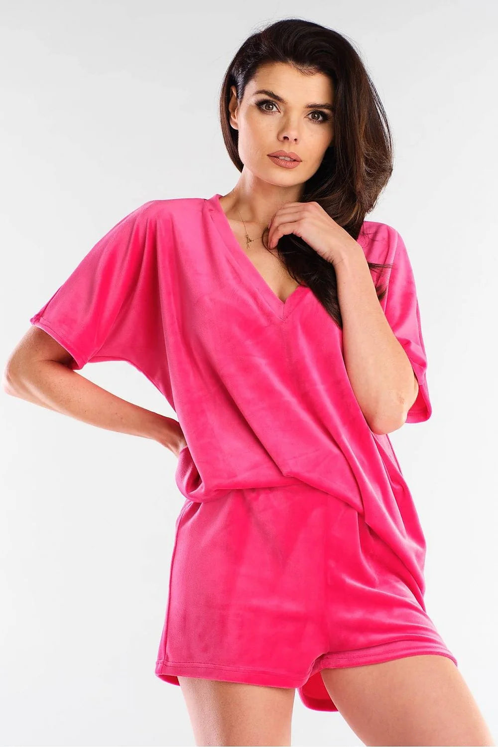 Ensemble pyjama femme velours rose vif confortable col V manches courtes style décontracté polonais