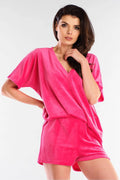 Ensemble pyjama femme velours rose vif confortable col V manches courtes style décontracté polonais