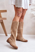 Bottes cuissardes en daim suédé beige coupe ajustée élégante confort quotidien fermeture éclair femmes