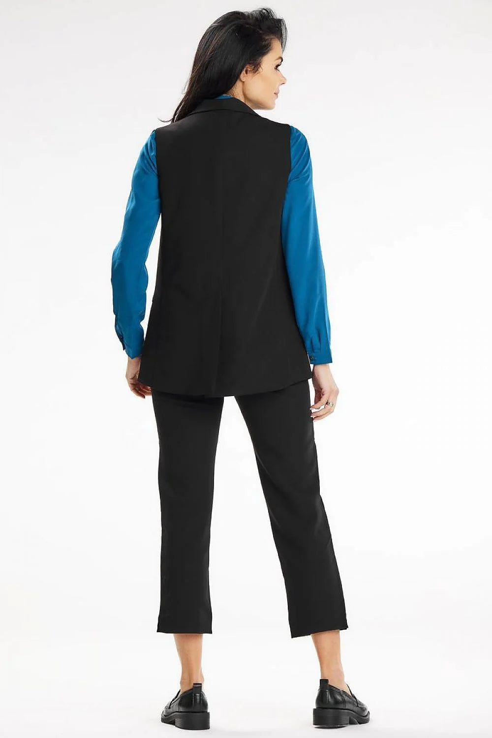 Gilet élégant sans manches pour femme col châle noir polyester viscose élasthanne tailleur moderne professionnelle occasions spéciales