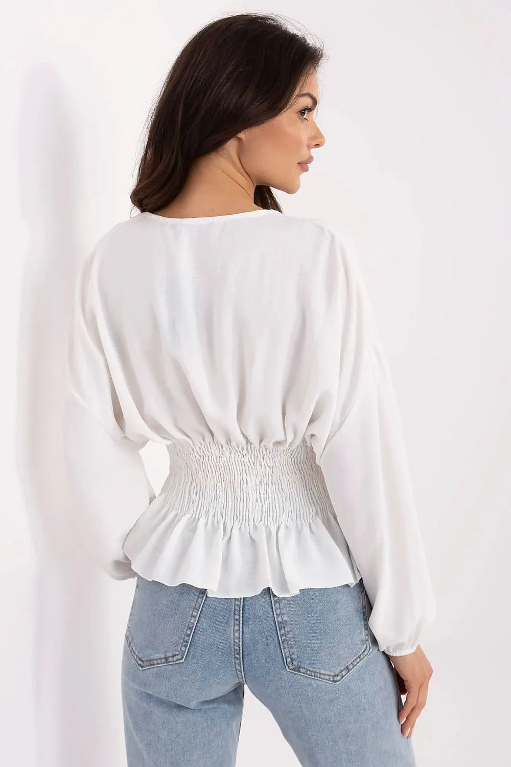 Chemisier pour femme en coton blanc court manches longues col rond taille élastiquée smockée style romantique