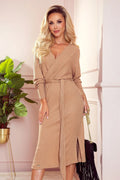 Robe Numoco beige cache-cœur élégante mi-mollet encolure V manches longues confort intemporel
