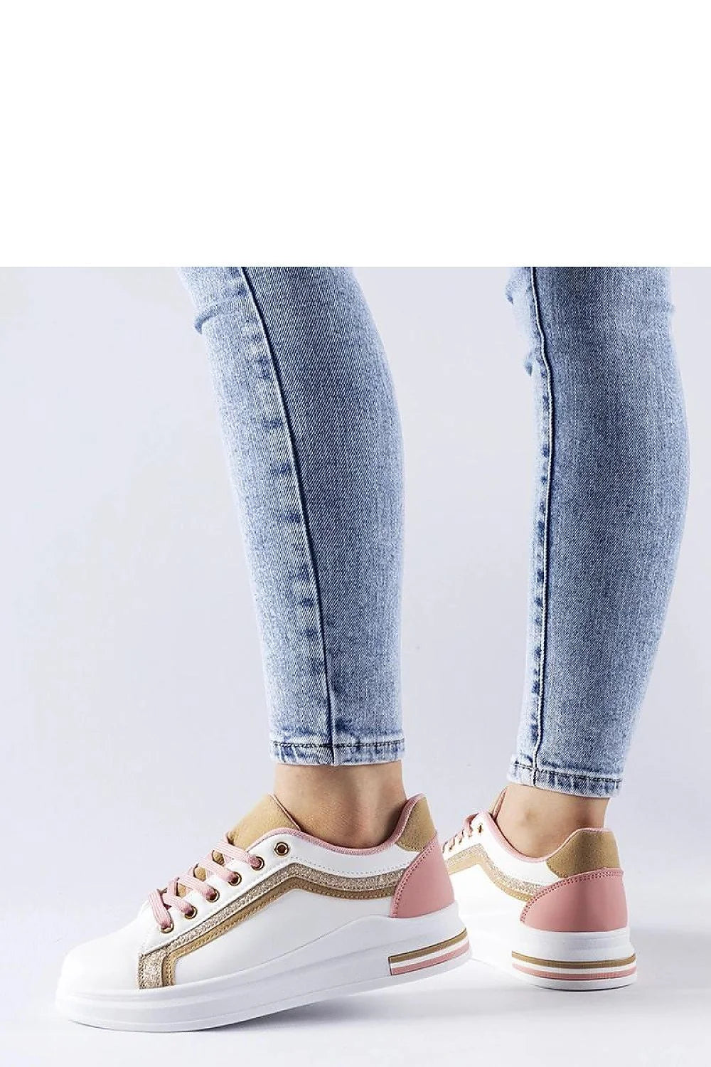 baskets Solea femme blanches plateforme simili cuir rose pâle dorées pailletée œillets métalliques languette rembourrée confortables légères