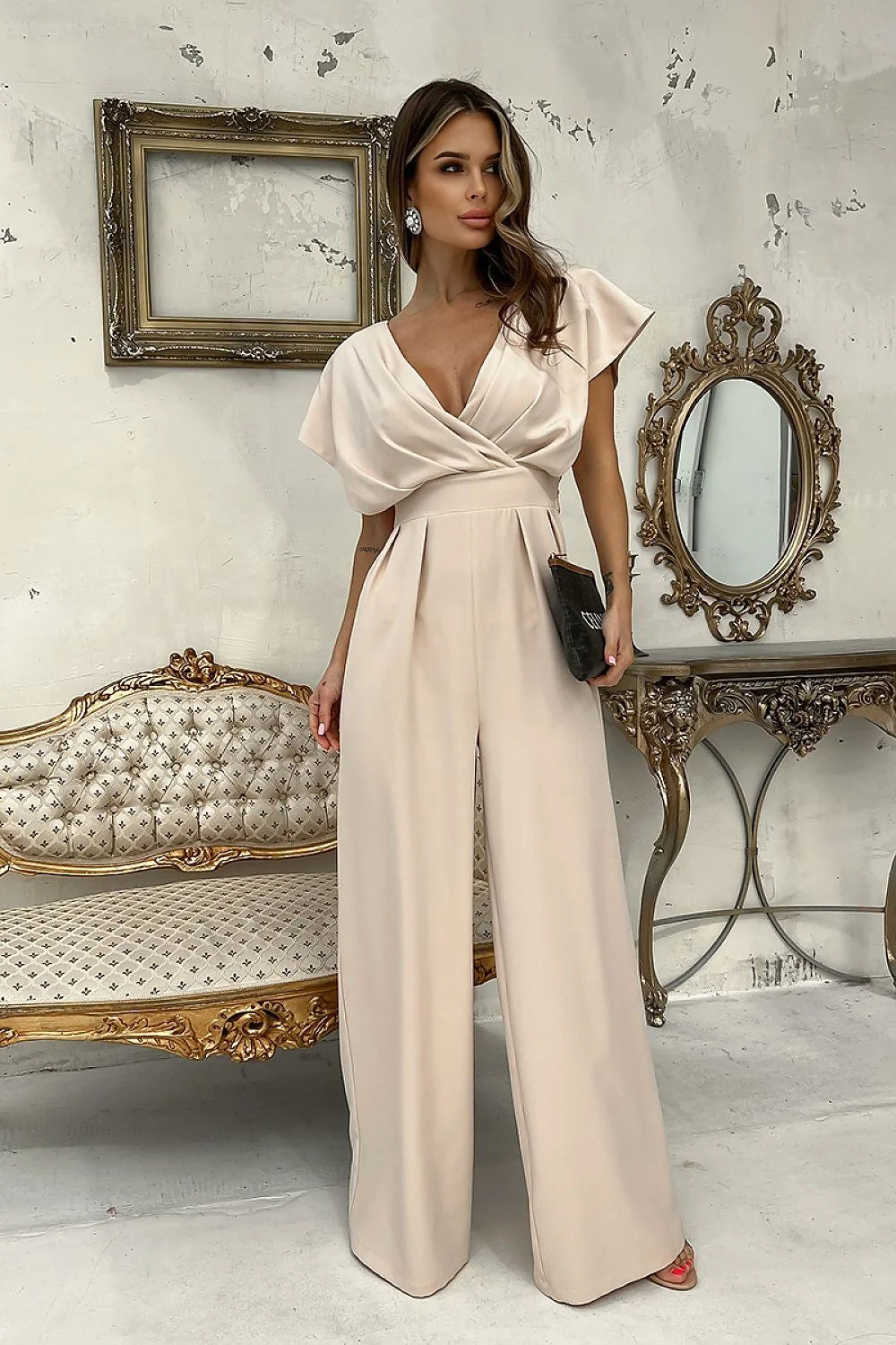 Combinaison élégante pour femme coupe ample taille échancrée jambes larges manches évasées Polyester Viscose beige